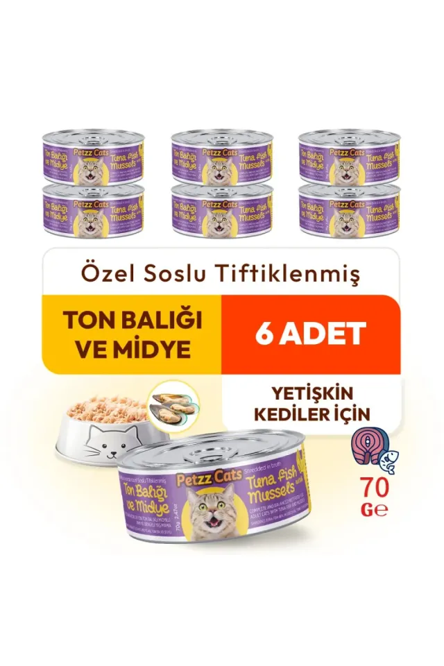 Lezzetli Sos İçinde Taze Fileto Ton Balıklı ve Midyeli Konserve Kedi Maması 70 Gr 6 Adet
