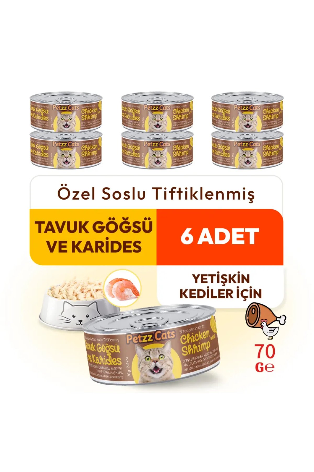 Tavuk & Karides Konserve Kedi Maması 70 Gr 6 Adet