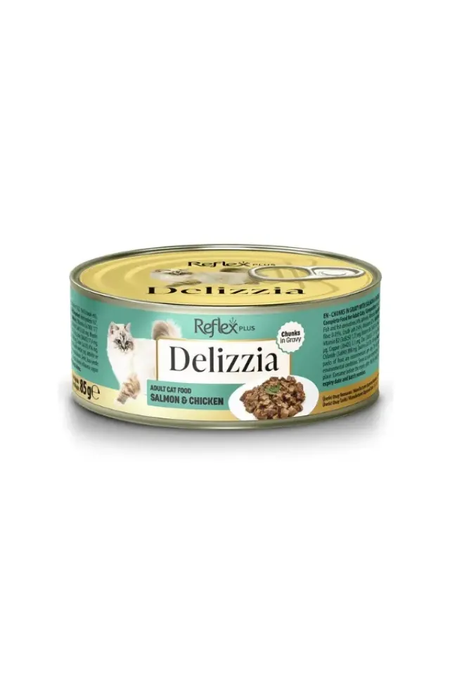 Delizzia Sos İçinde Parça Etli Somonlu ve Tavuklu Yetişkin Konserve Kedi Maması  85 Gr
