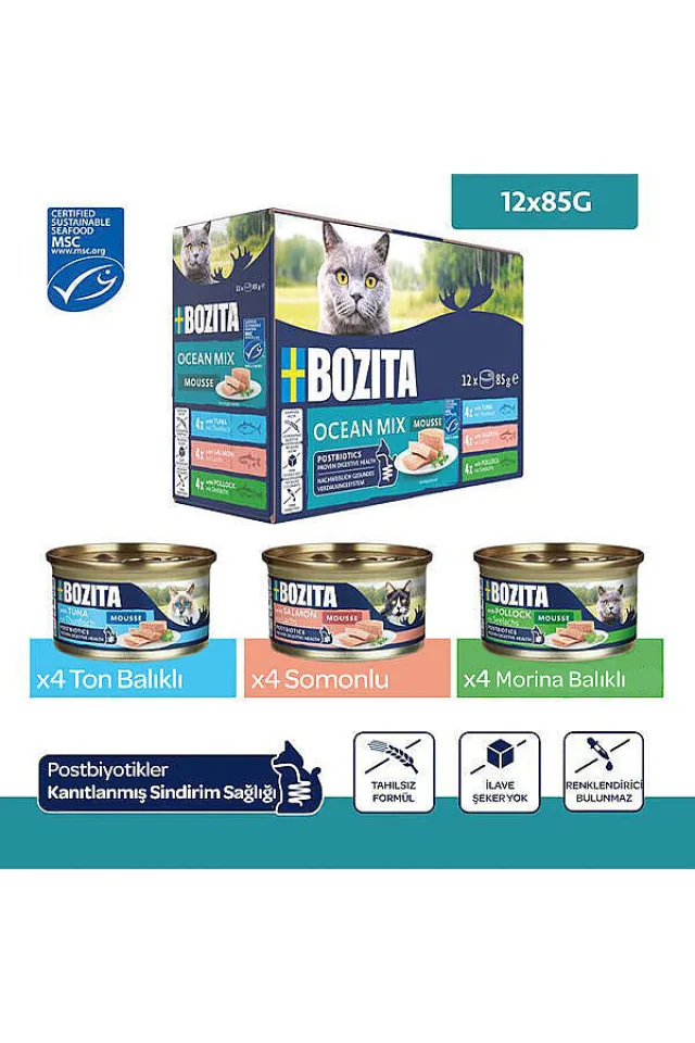 Okyanus Karışımı Ton Balıklı, Somonlu ve Mezgitli Tahılsız Kedi Konservesi 12x85 gr