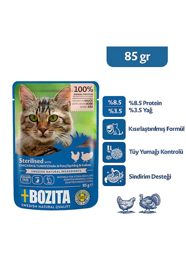 Kısırlaştırılmış Tavuk ve Hindi Etli Sos İçinde Parça Etli Tahılsız Yaş Kedi Maması 85 g