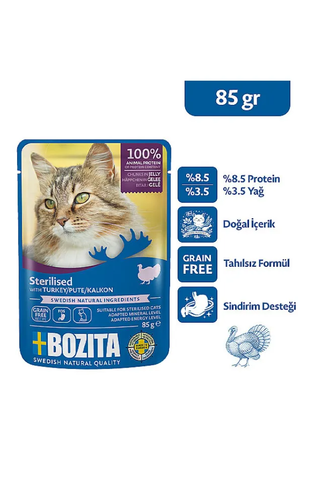 Kısırlaştırılmış Hindi Etli Jöle İçinde Parça Etli Tahılsız Yaş Kedi Maması 85 g