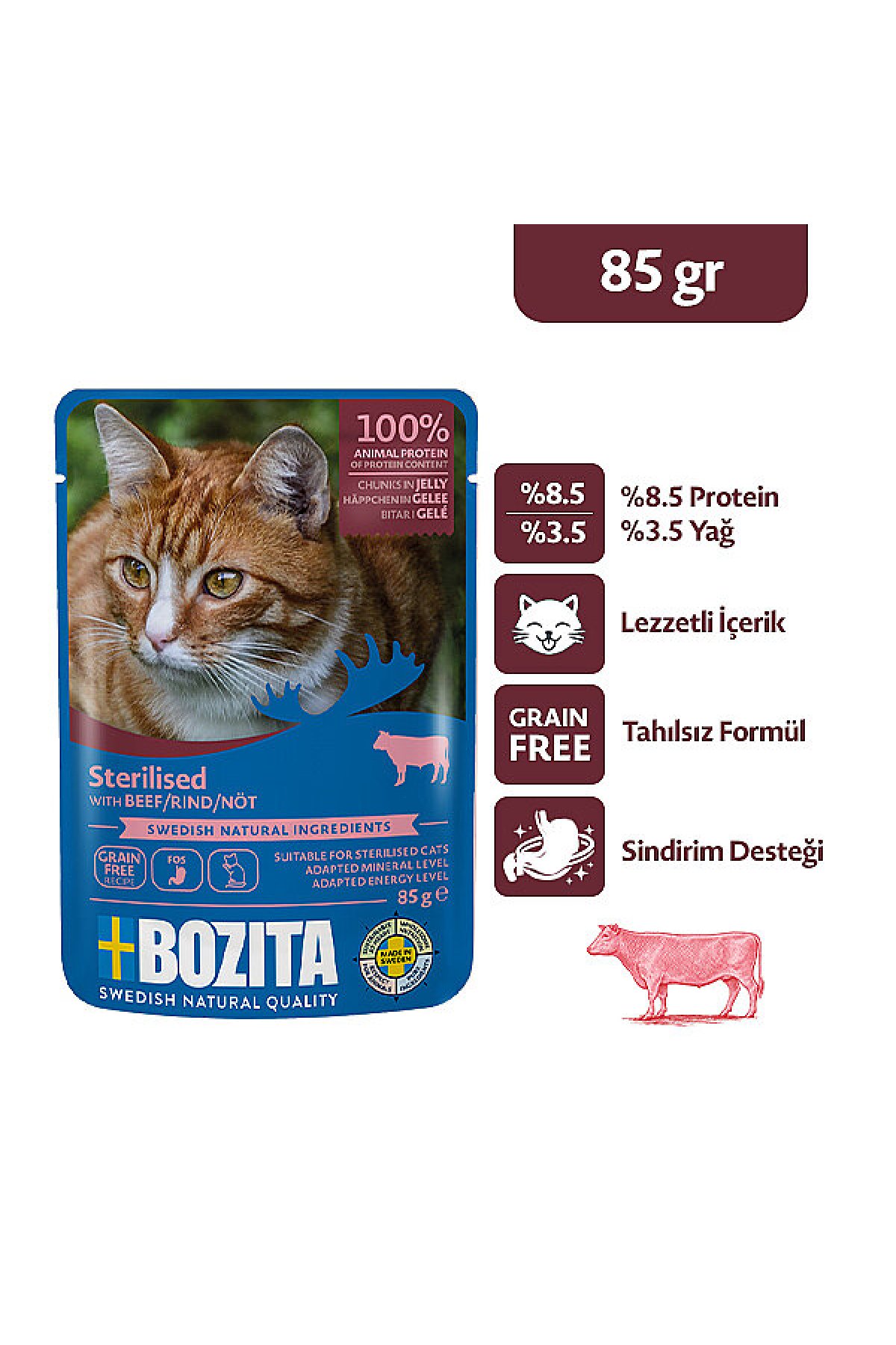 Kısırlaştırılmış Sığır Etli Jöle İçinde Parça Etli Tahılsız Yaş Kedi Maması 85 g