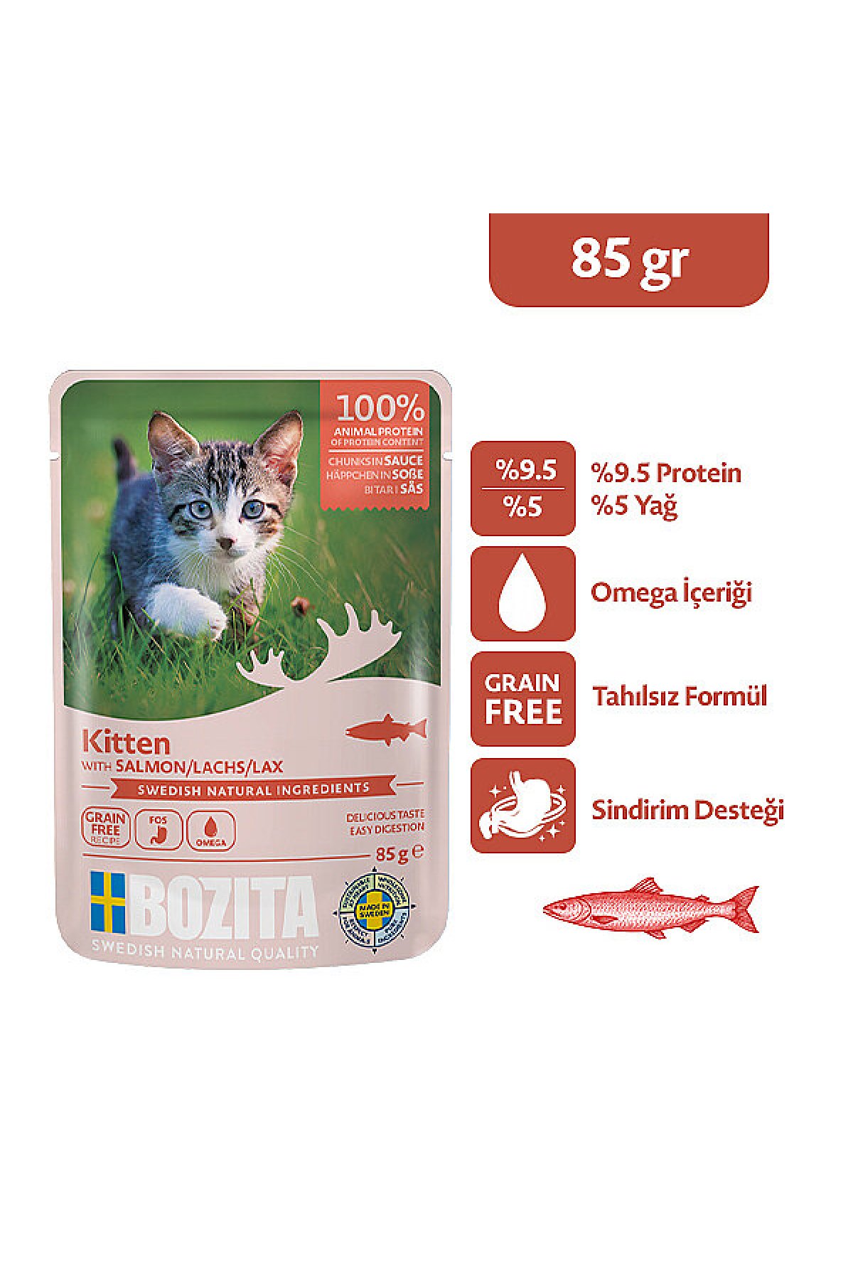 Somon Etli Tahılsız Sos İçinde Parça Etli Yaş Yavru Kedi Maması 85 g