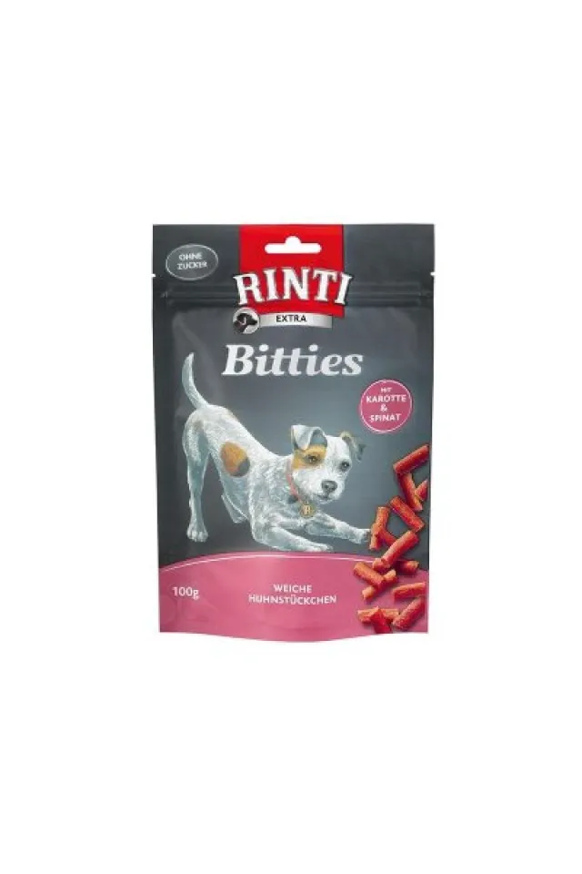 RINTI Extra Bitties Tahılsız Natural Tavuk Etli Ispanak ve Havuçlu  Köpek Ödülü 100 gr