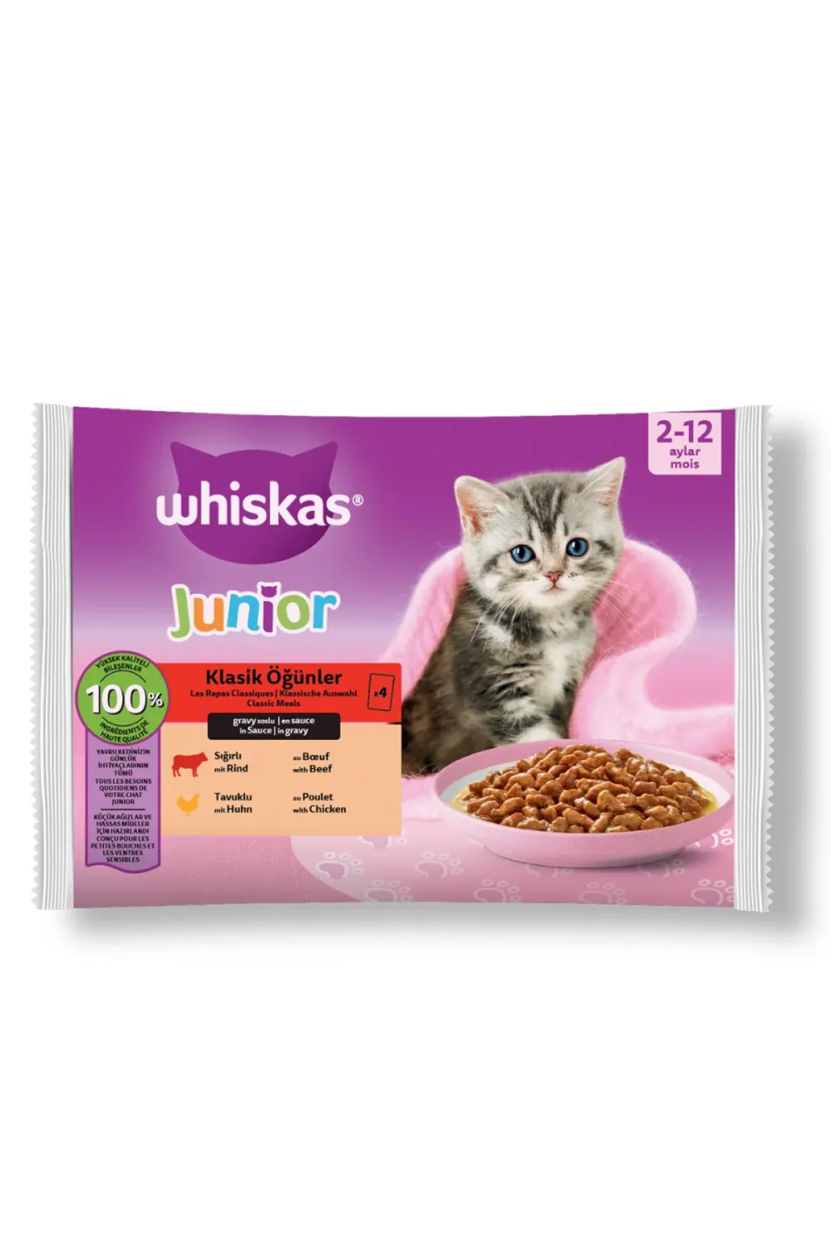 Junior Klasik Öğünler Sığırlı ve Tavuklu Pouch Yavru Kedi Yaş Maması 4 x 85 gr