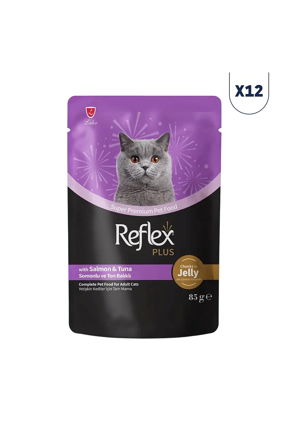 Plus Jöle İçinde Somonlu ve Ton Balıklı Yetişkin Kedi Pouch 85 gr 12'li