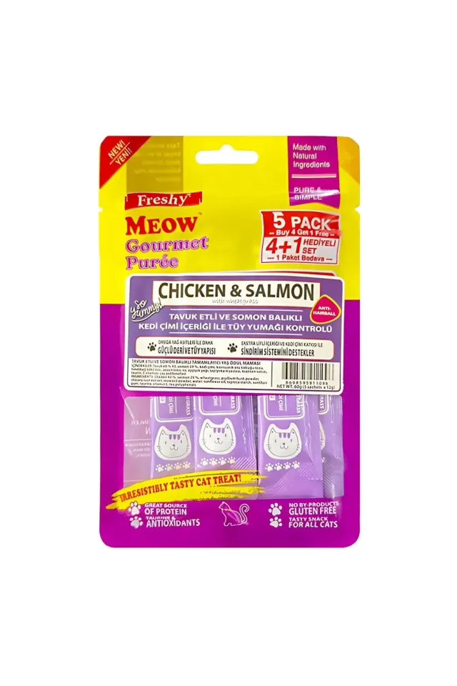 Meow Gourmet Puree Tavuklu Somon Balıklı ve Kedi Çimli Krema Kedi Ödülü 60gr 5li