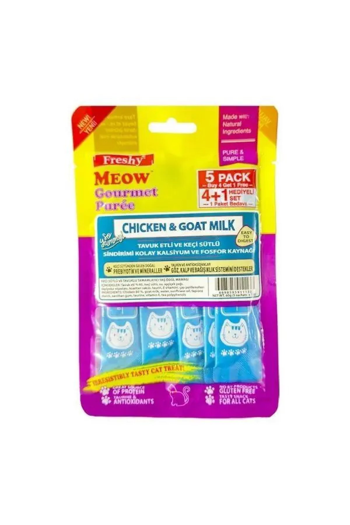 Meow Gourmet Puree Tavuklu Ve Keçi Sütlü Kremalı Kedi Ödülü 60gr 5li