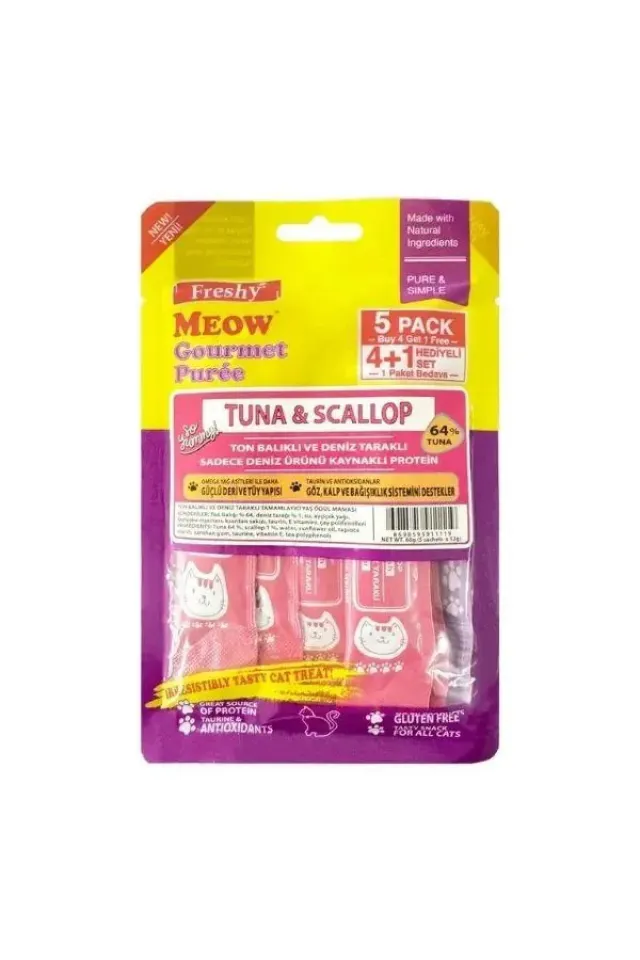 Meow Gourmet Puree Ton Balıklı Ve Deniz Taraklı Krema Kedi Ödülü 60gr 5li