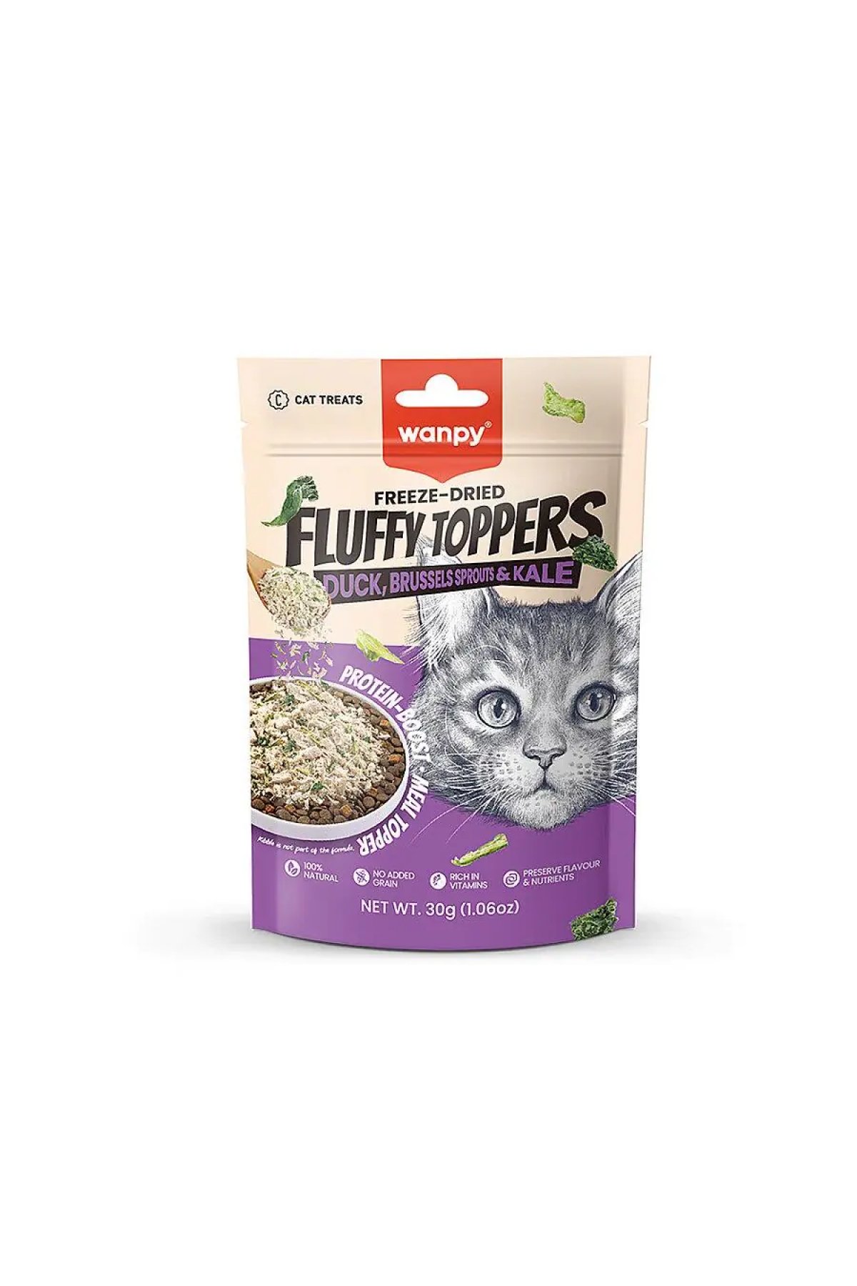Fluffy Topper Dondurularak Kurutulmuş Ördek Brüksel ve Kara Lahanalı Kedi Ödül Maması 30gr