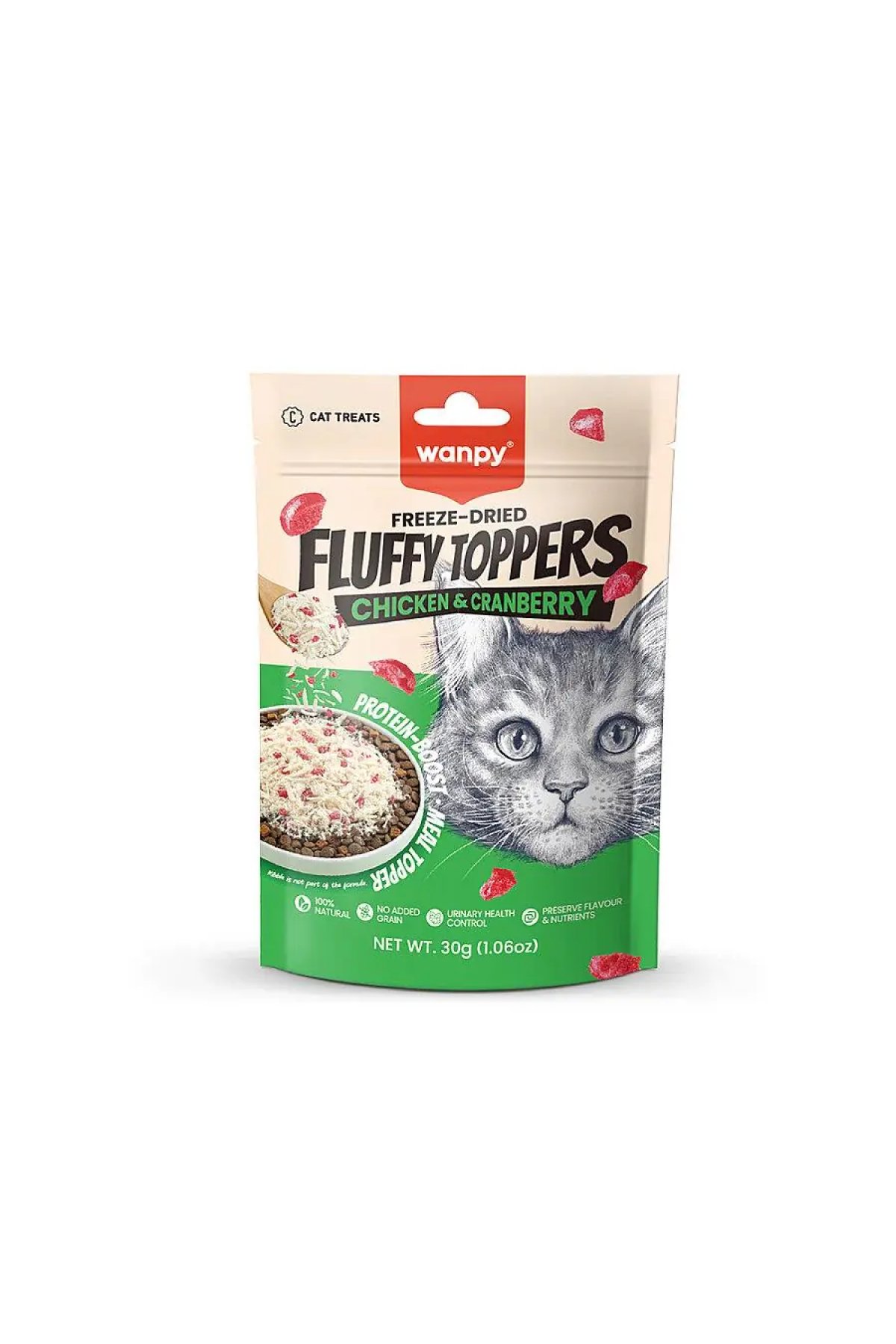 Fluffy Topper Dondurularak Kurutulmuş Tavuklu ve Kızılcıklı Kedi Ödül Maması 30gr