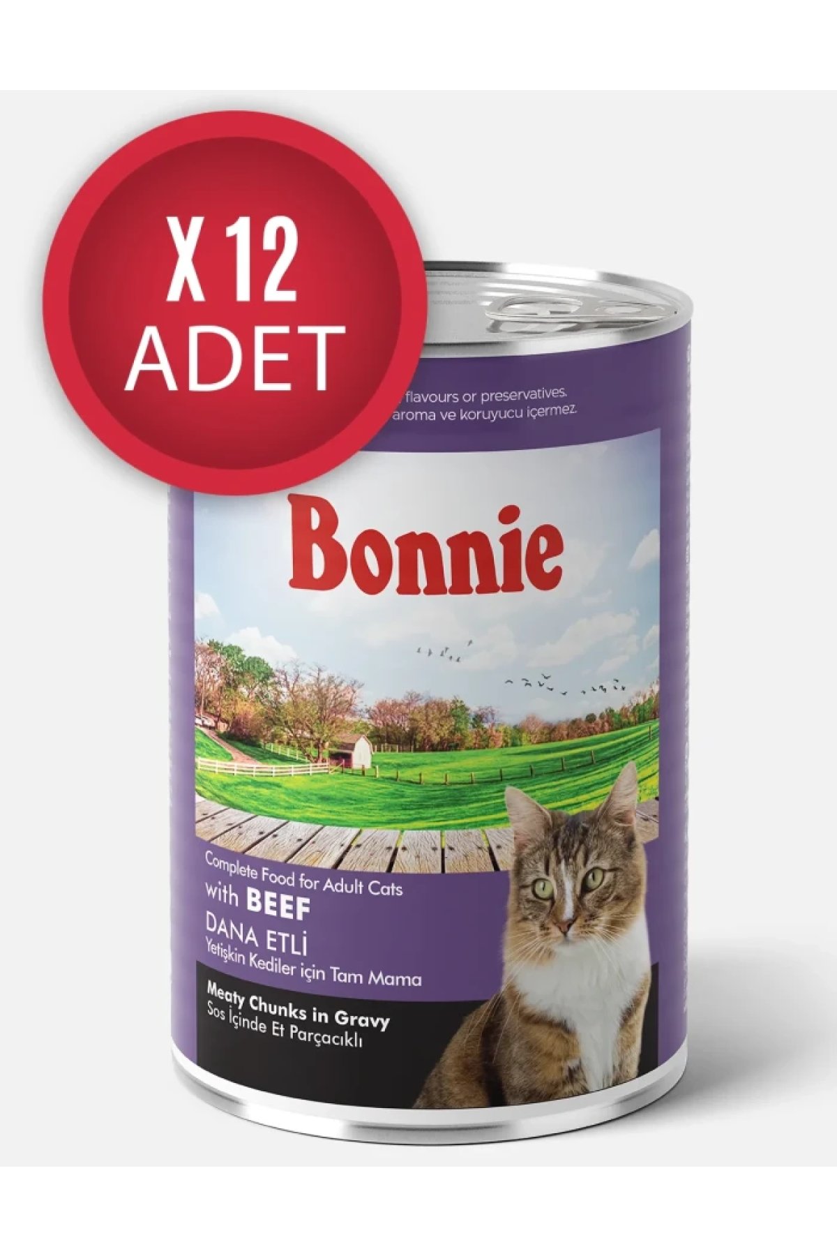 Biftekli Sos İçinde Et Parçacıklı Yetişkin Kedi Konserve Yaş Mama 400 Gr x 12 Adet