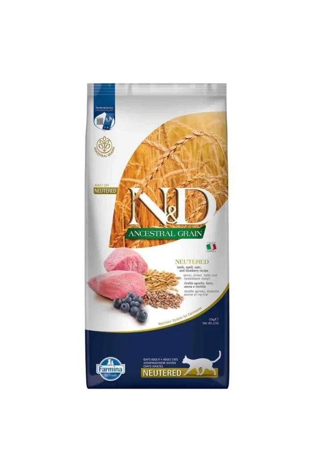 Düşük Tahıllı Kuzu Etli ve Yaban Mersinli Kısırlaştırılmış Kedi Maması 10 Kg