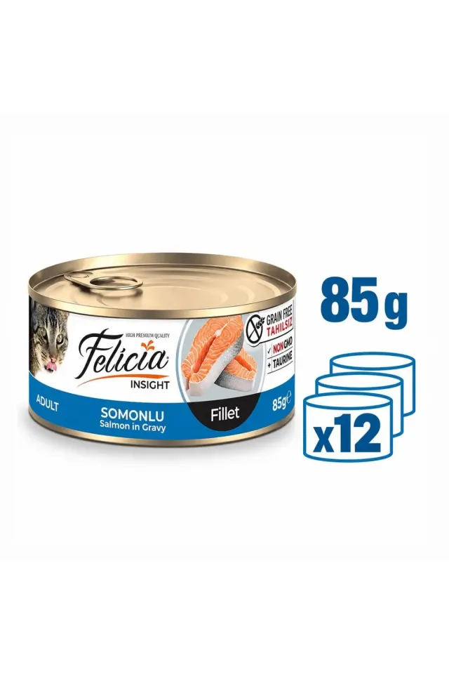 Tahılsız Somon Balıklı Fileto Konserve Kedi Maması 85gr 12li Paket