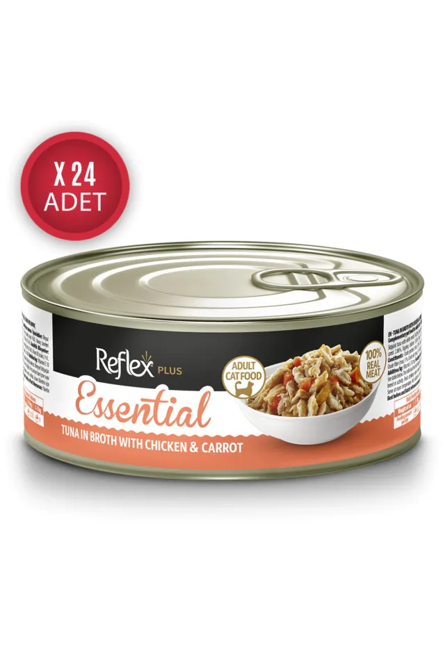 Essential Et Suyunda Ton Balıklı Tavuklu ve Havuçlu Yetişkin Kedi Konservesi 70gr x 24 Adet