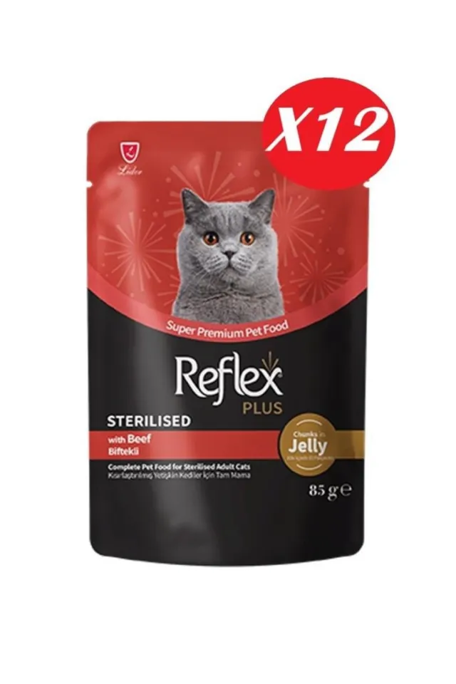 Plus Jöle İçinde Parça Biftek Etli Kısırlaştırılmış Kedi Yaş Maması 85 gr*12 Adet