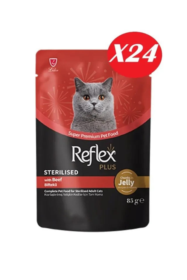 Plus Jöle İçinde Parça Biftek Etli Kısırlaştırılmış Kedi Yaş Maması 85 gr*24 Adet