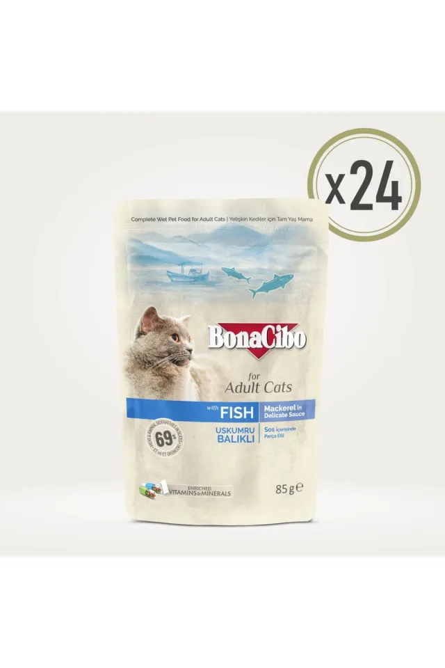 Soslu Uskumrulu ve Balıklı Yetişkin Kedi Pouch Yaş Maması 85 g x  24 Adet
