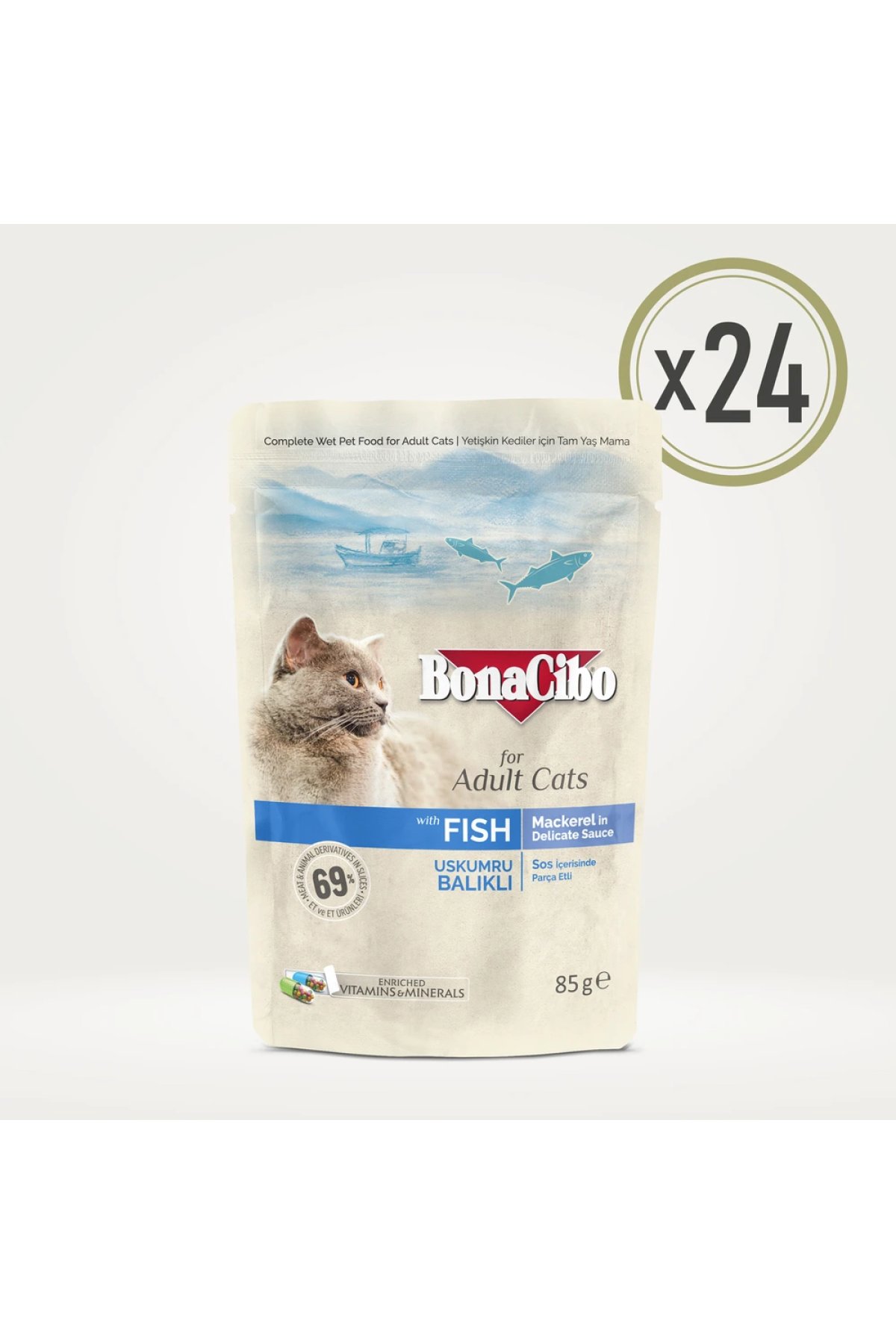 Soslu Uskumrulu ve Balıklı Yetişkin Kedi Pouch Yaş Maması 85 g x  24 Adet