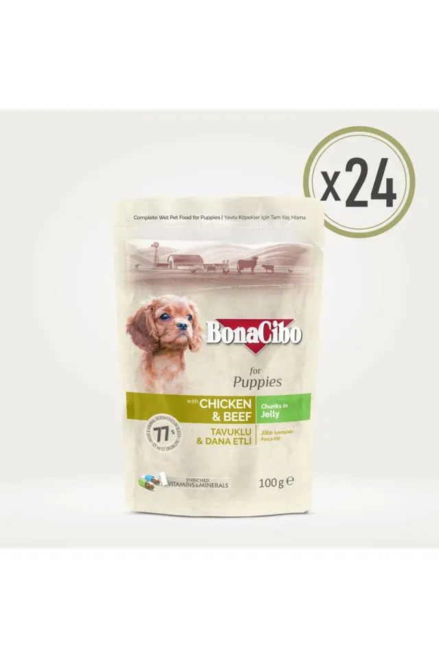 Jöleli Tavuklu ve Dana Etli Yavru Köpek Pouch Yaş Maması 100 g x  24 Adet