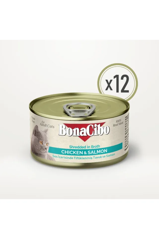 Tiftiklenmiş %100 Gerçek Tavuk Eti ve Somon Dilimli Kedi Yaş Maması 70 gr x  12 Adet