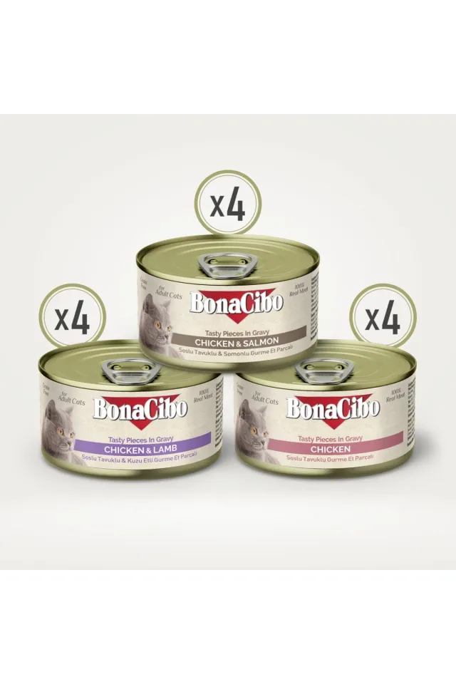 Gurme Karışık %100 Gerçek Tavuk Eti Parçalı Yetişkin Kedi Yaş Maması 85 g x  12 Adet