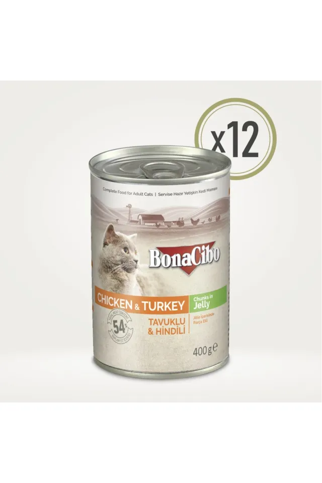 Jöleli Tavuklu ve Hindili Yetişkin Kedi Yaş Maması 400 g x  12 Adet