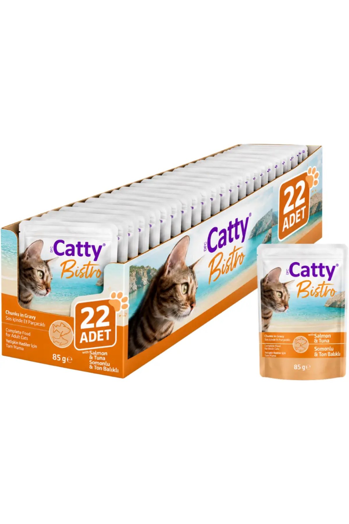 Sos İçinde Somonlu & Ton Balıklı Yetişkin Kedi Yaş Maması 85 Gr 22 Adet