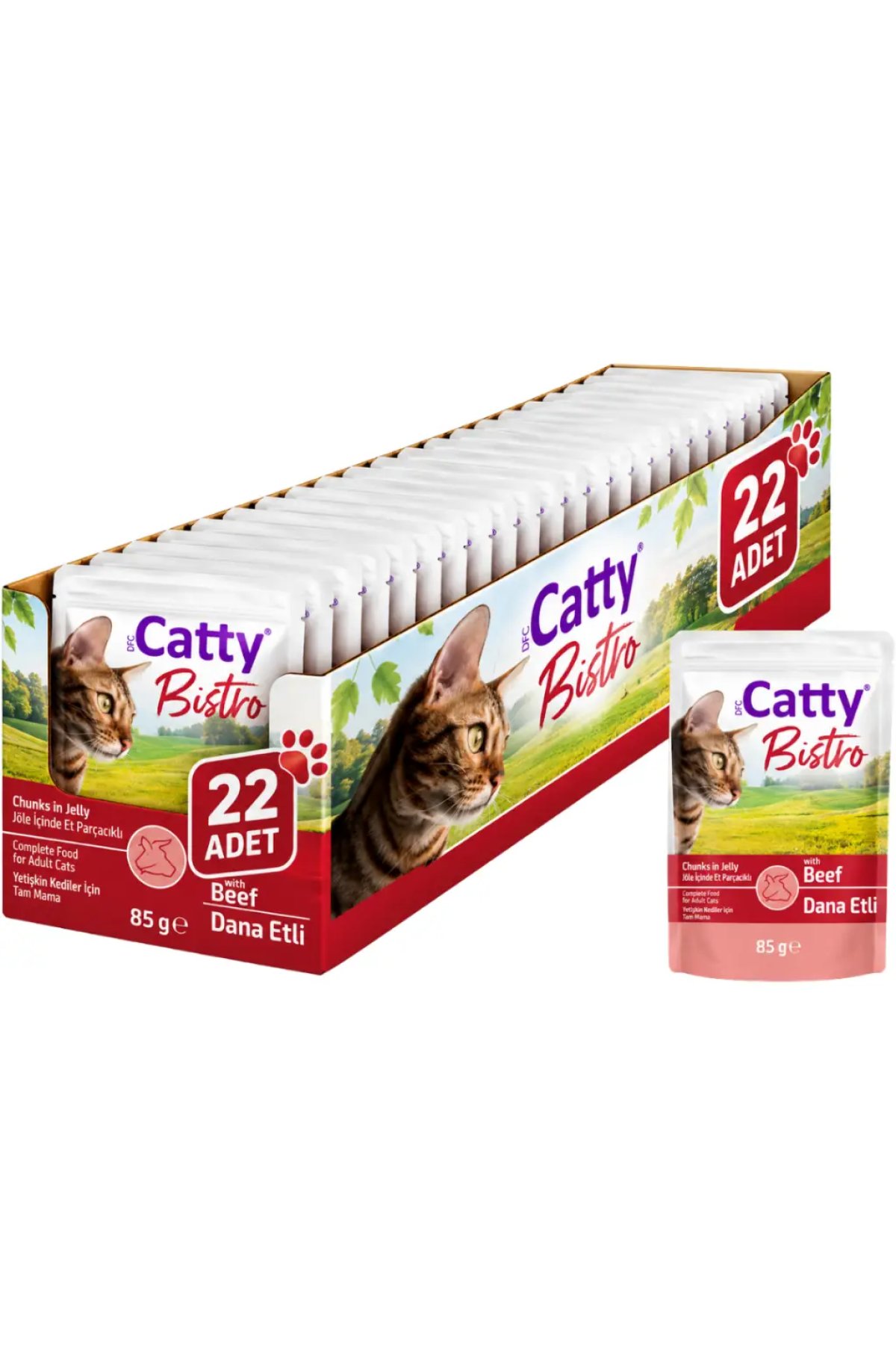 Jöle İçinde Et Parçacıklı Dana Etli Yetişkin Kedi Yaş Mamaası 85 Gr 22 Adet