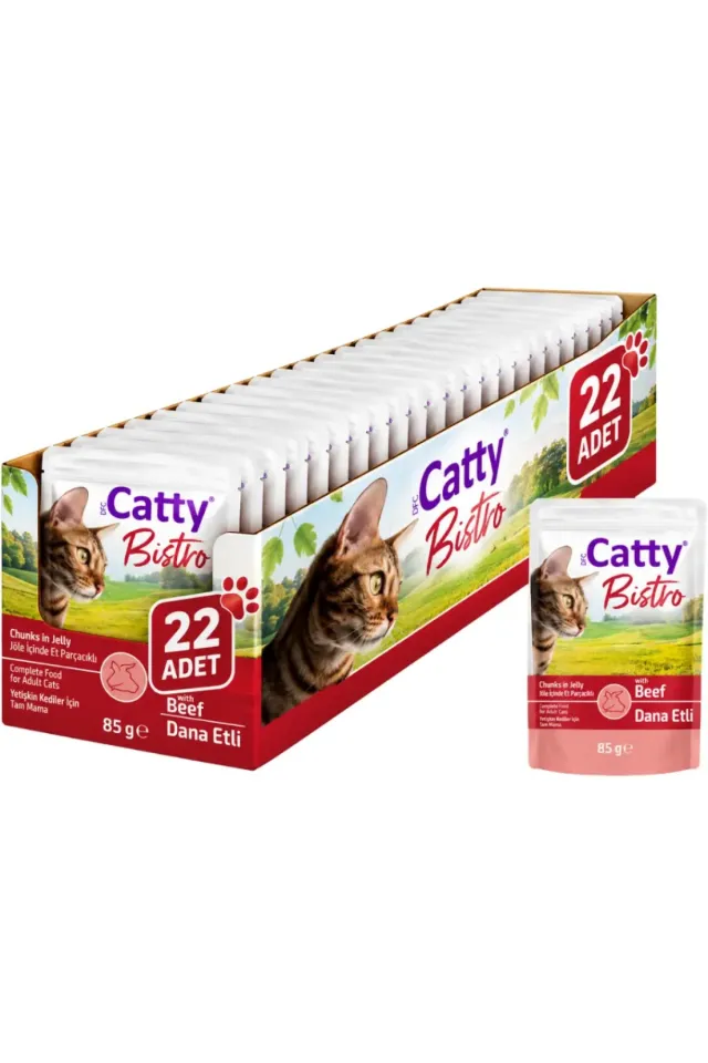 Jöle İçinde Et Parçacıklı Dana Etli Yetişkin Kedi Yaş Mamaası 85 Gr 22 Adet
