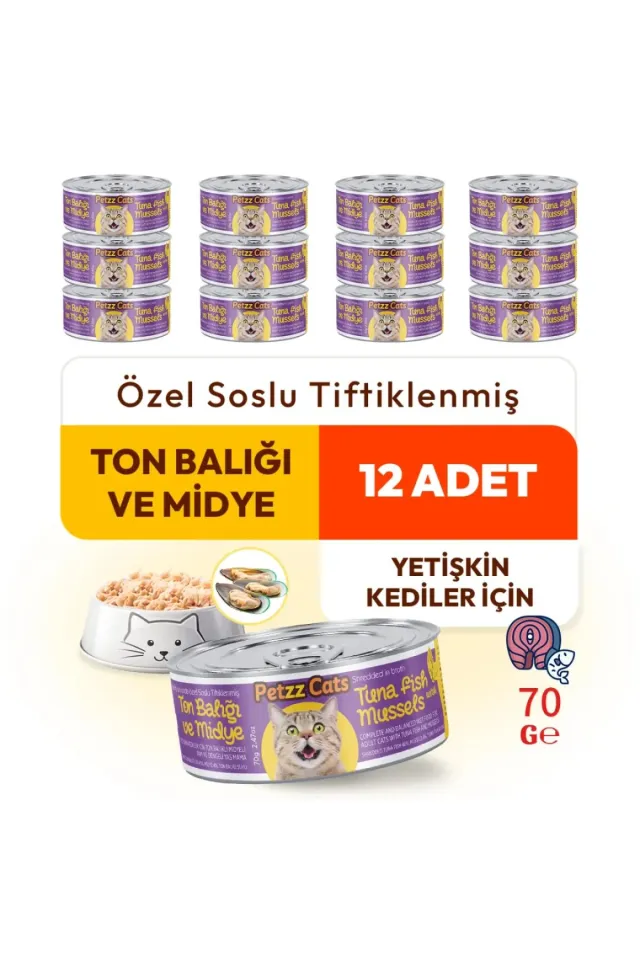Lezzetli Sos İçinde Taze Fileto Ton Balıklı ve Midyeli Konserve Kedi Maması 70 Gr 12 Adet