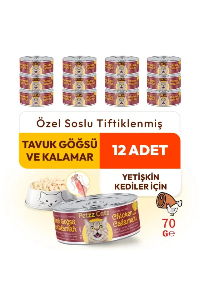 Tavuk & Kalamar Konserve Kedi Maması 70 Gr 12 Adet