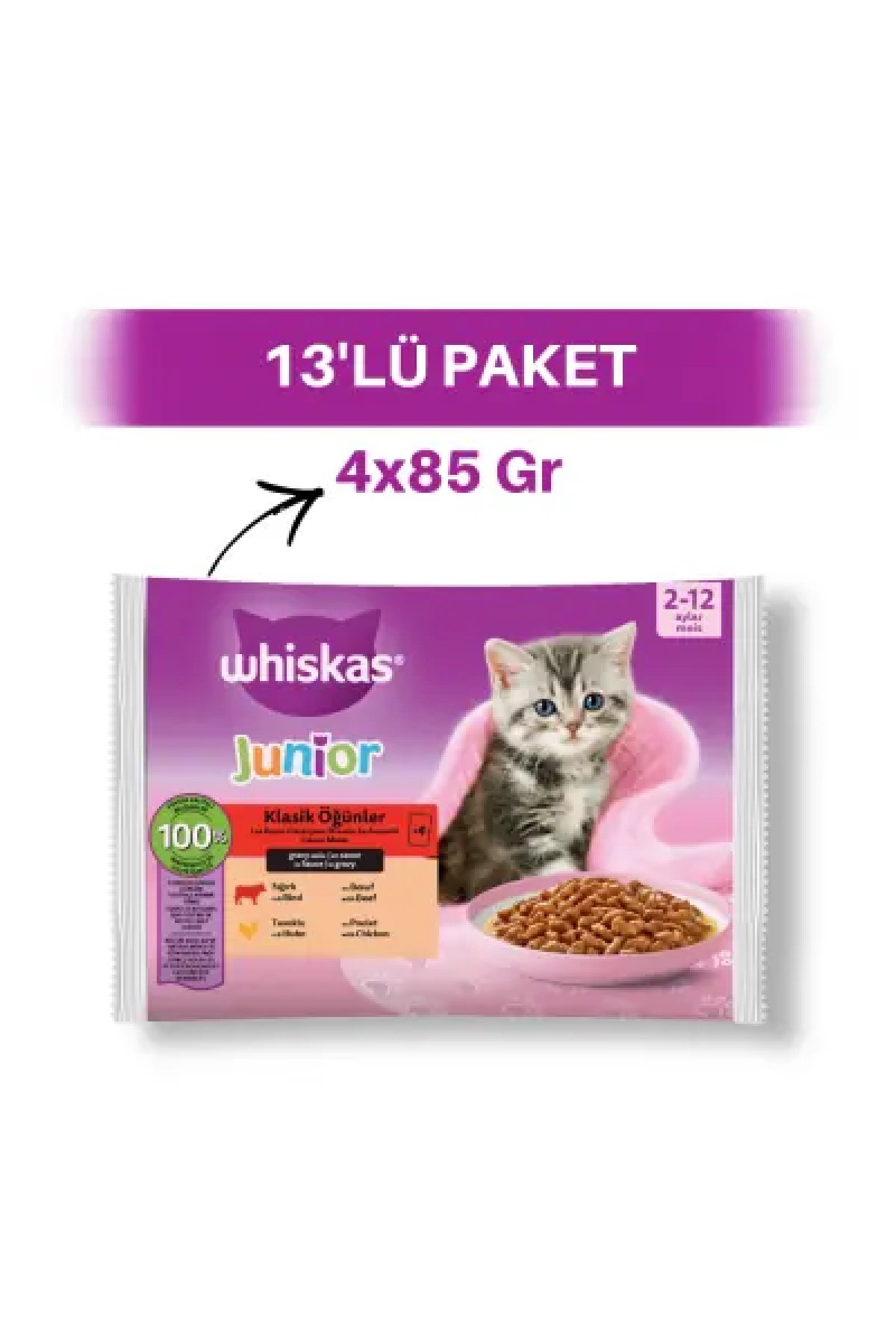 Junior Klasik Öğünler Sığırlı ve Tavuklu Pouch Yavru Kedi Yaş Maması 13 x 4 x 85 gr